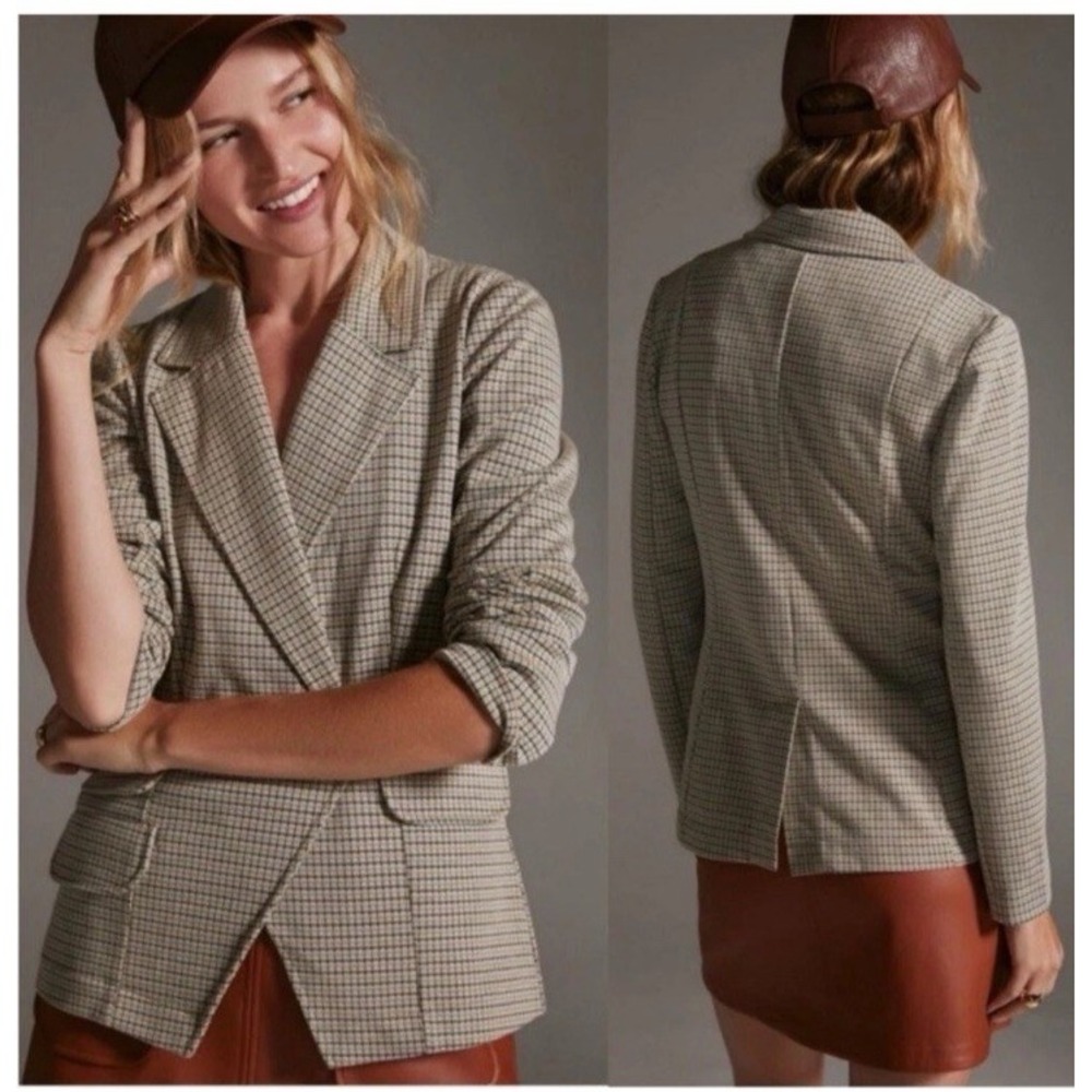 NWOT Anthropologie Maeve Collegiate Knit Houndstooth Blazer in Cream Sz XS